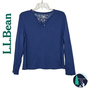 LL Bean Henley T-Shirt Top Womens PM Petite Medium Blue Long Sleeve Cuffed EUC